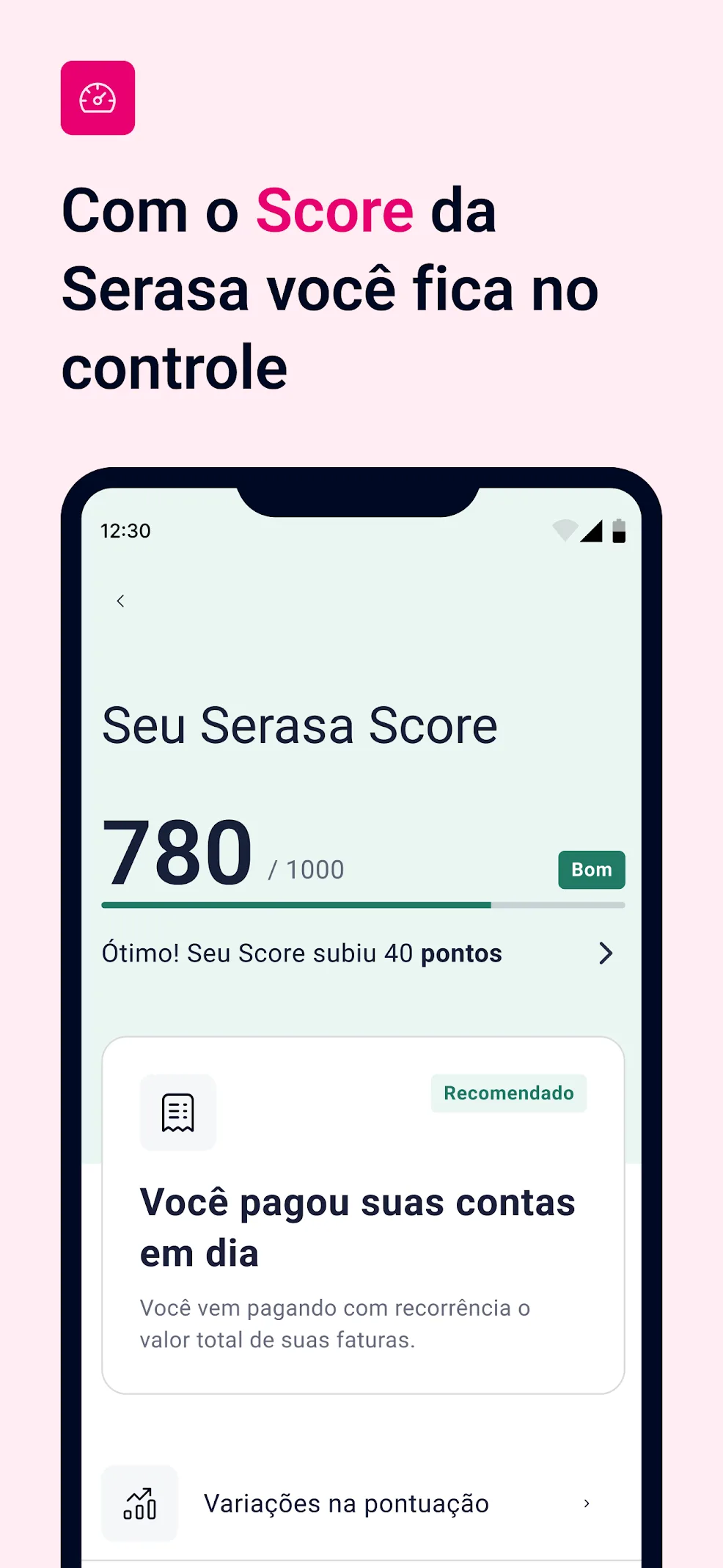 Tela do app Serasa mostrando o Serasa Score, pontuação de 780 de 1000