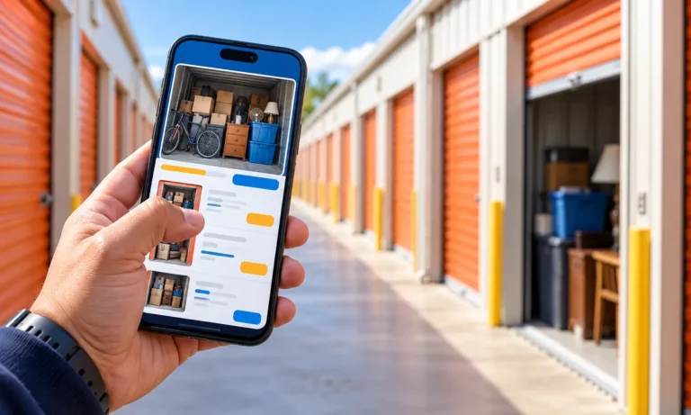 Mano con un celular mostrando una subasta en línea frente a un pasillo de unidades de almacenamiento