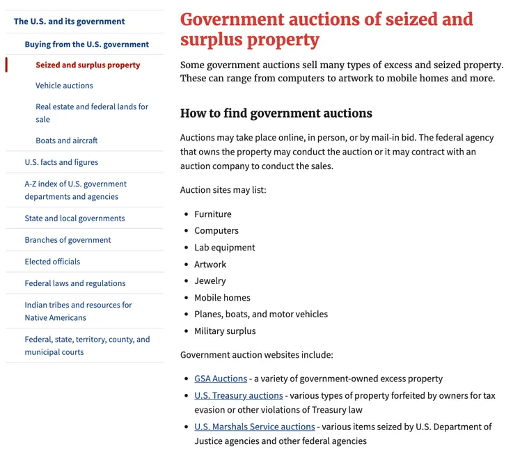 Página de USAGov sobre subastas del gobierno de bienes incautados y excedentes