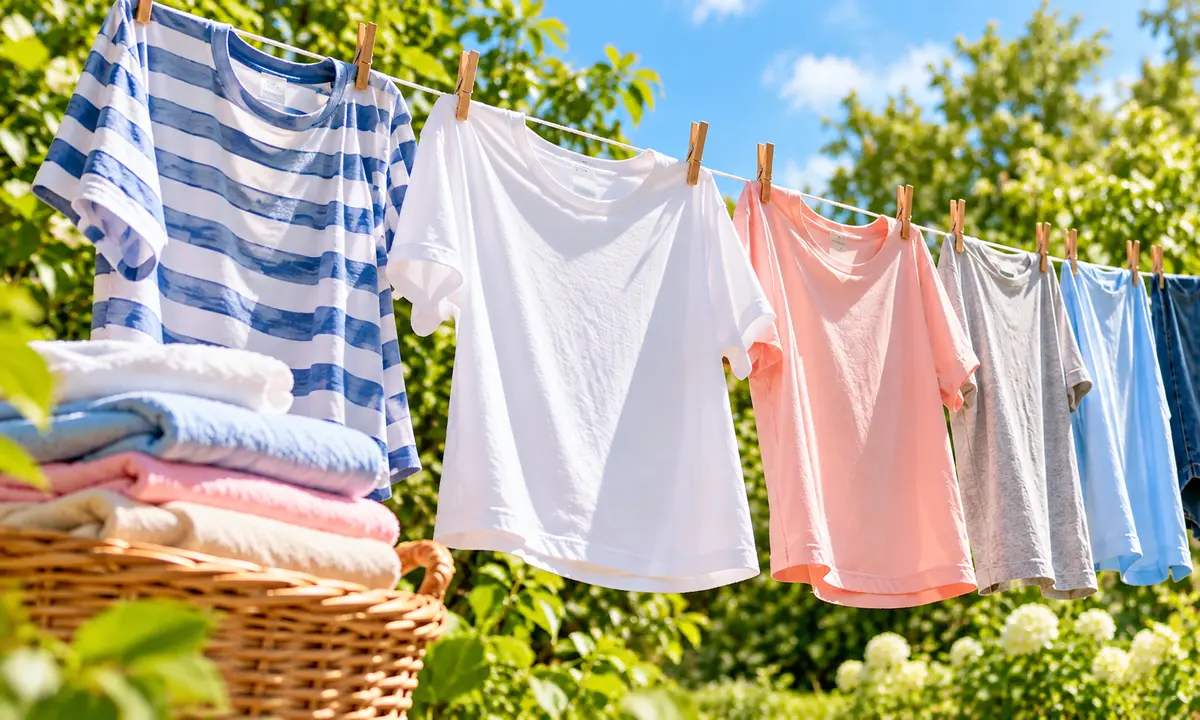 Roupas limpas no varal ao ar livre com cesto de roupas