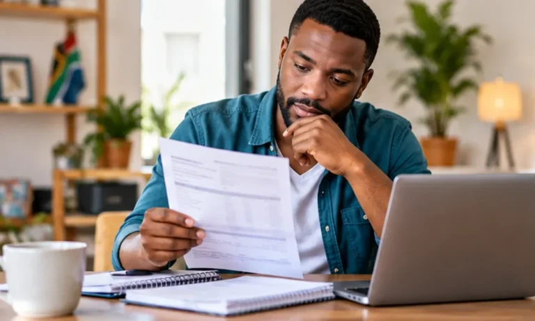 Man reviewing his payslip and documents at a kitchen table