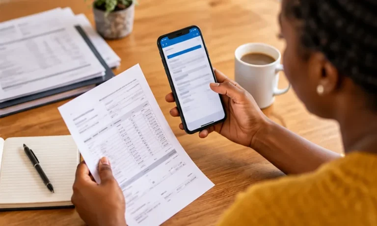 Person comparing a payslip with details on a phone
