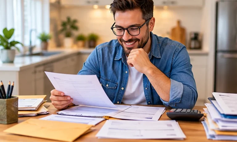 Man reviewing old documents and statements at his kitchen table
