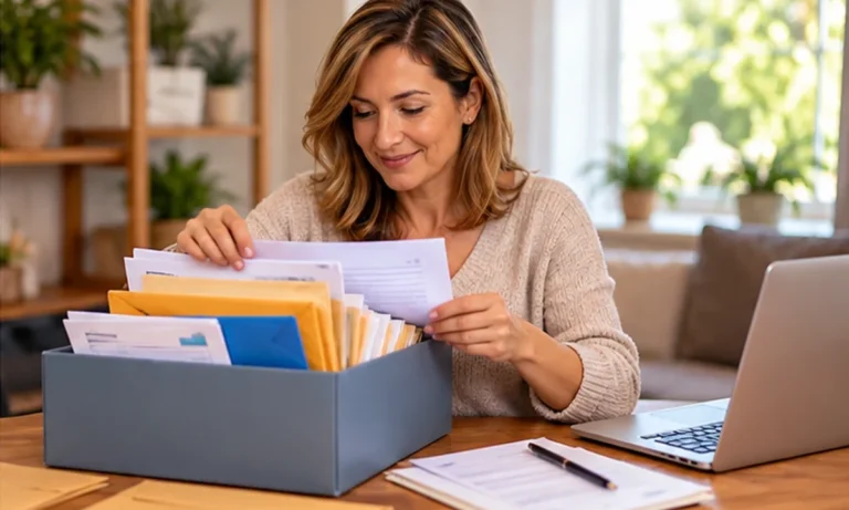 Woman sorting old envelopes and papers from a document box