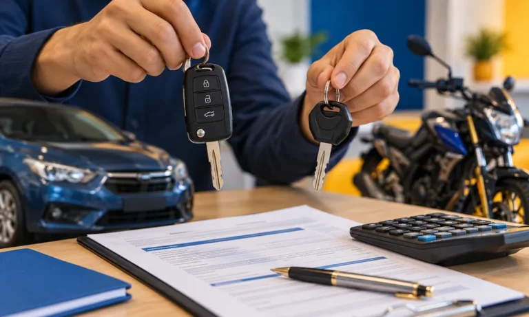 Hands holding a car key and a motorbike key over a finance contract and a calculator