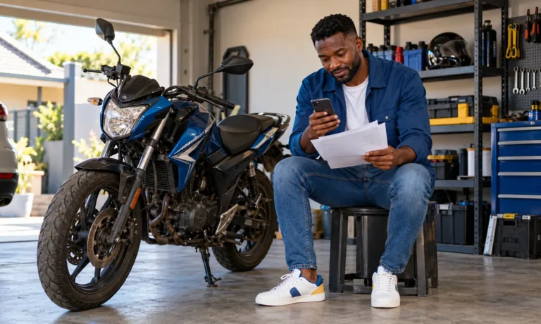 Person checking documents and a phone next to a used motorbike in a garage