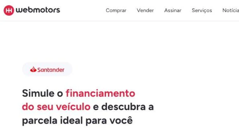 Página de financiamento da Webmotors com o simulador em parceria com o Santander