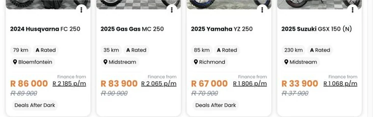 WeBuyCars used motorbike listings showing a finance from monthly figure on each bike